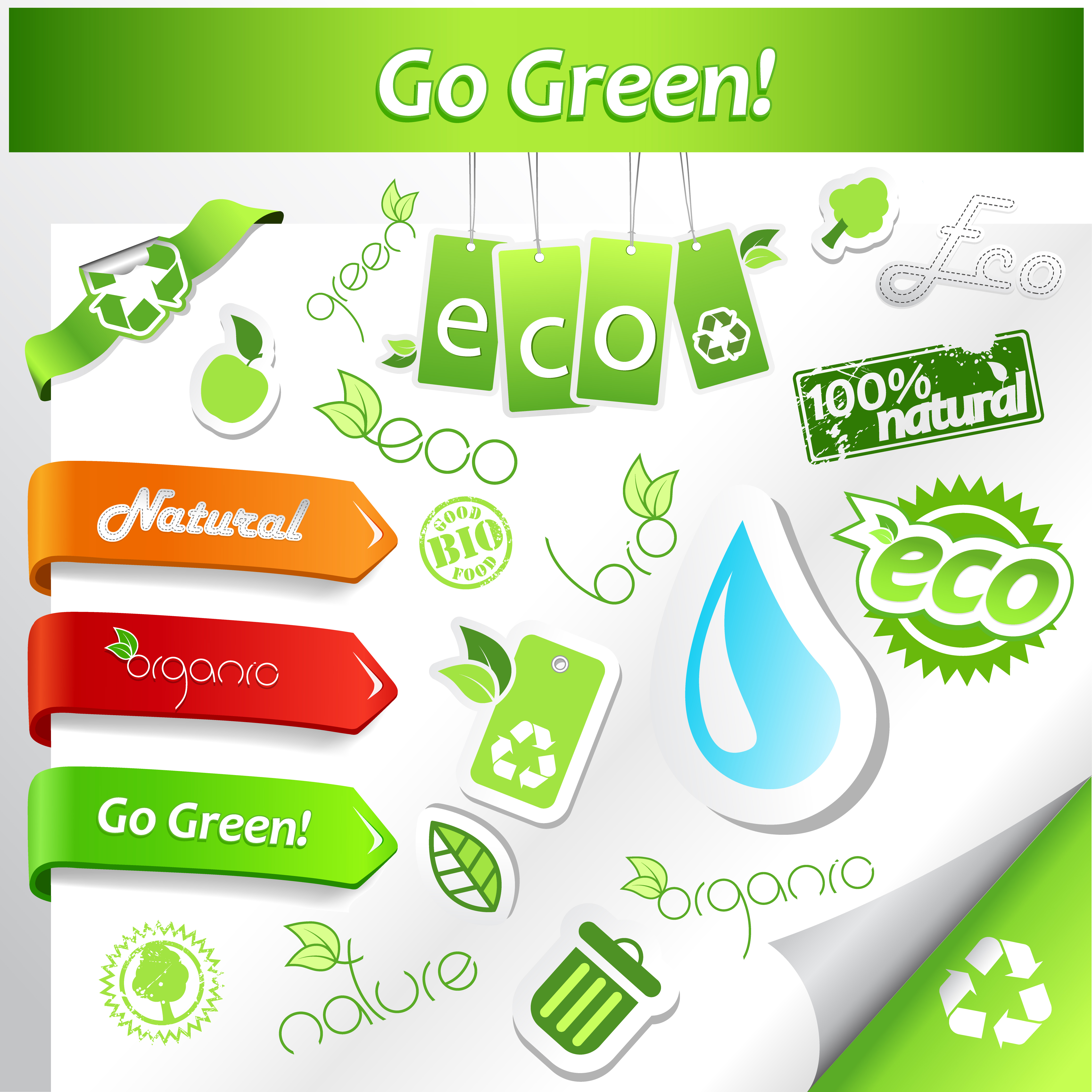 go green eco and bio labels with stickers vector