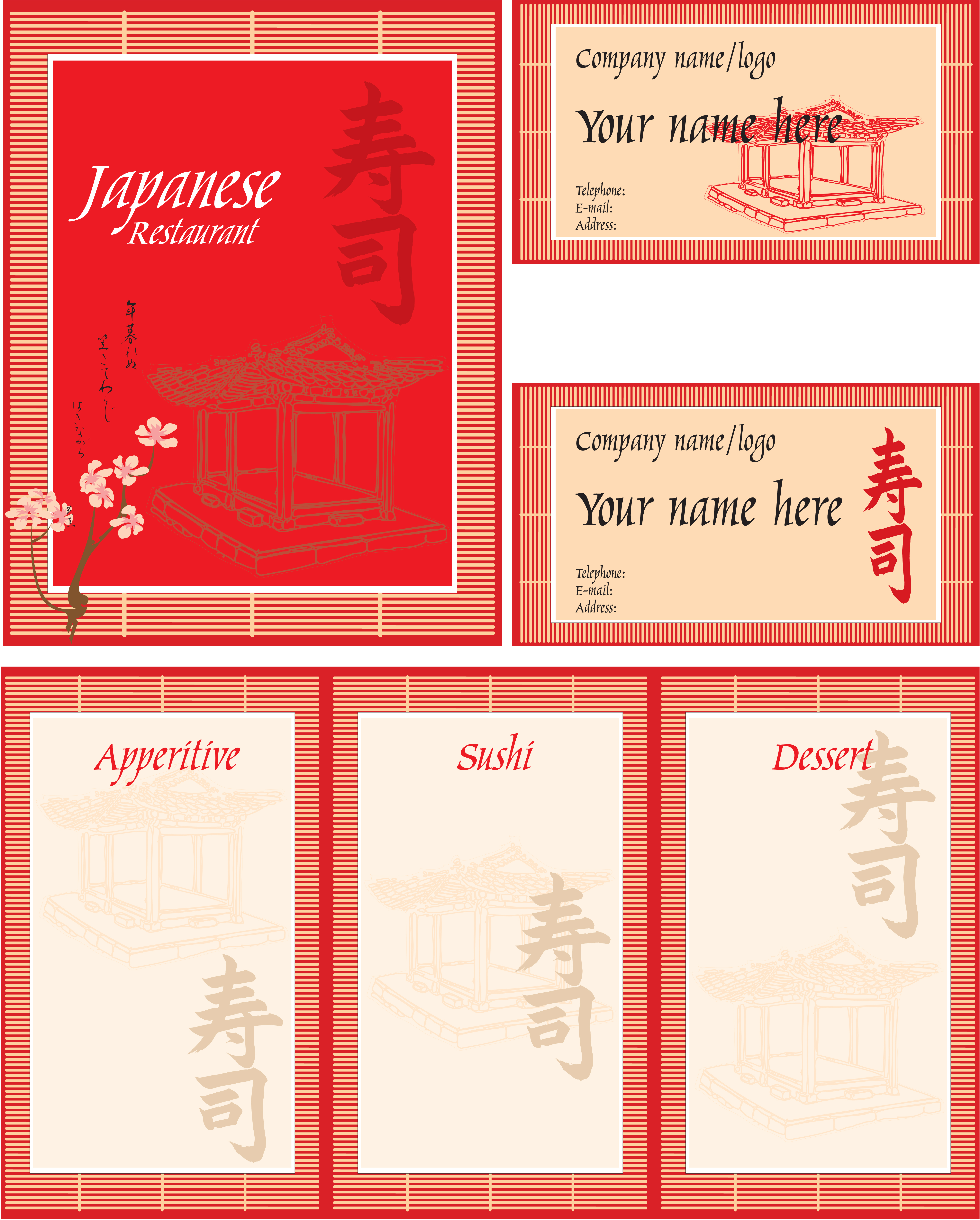 set of sushi elements card vector