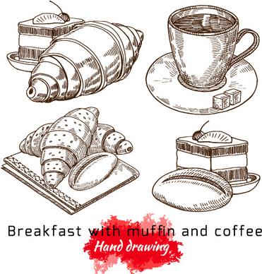 hand drawing breakfast with muffin and coffee vector