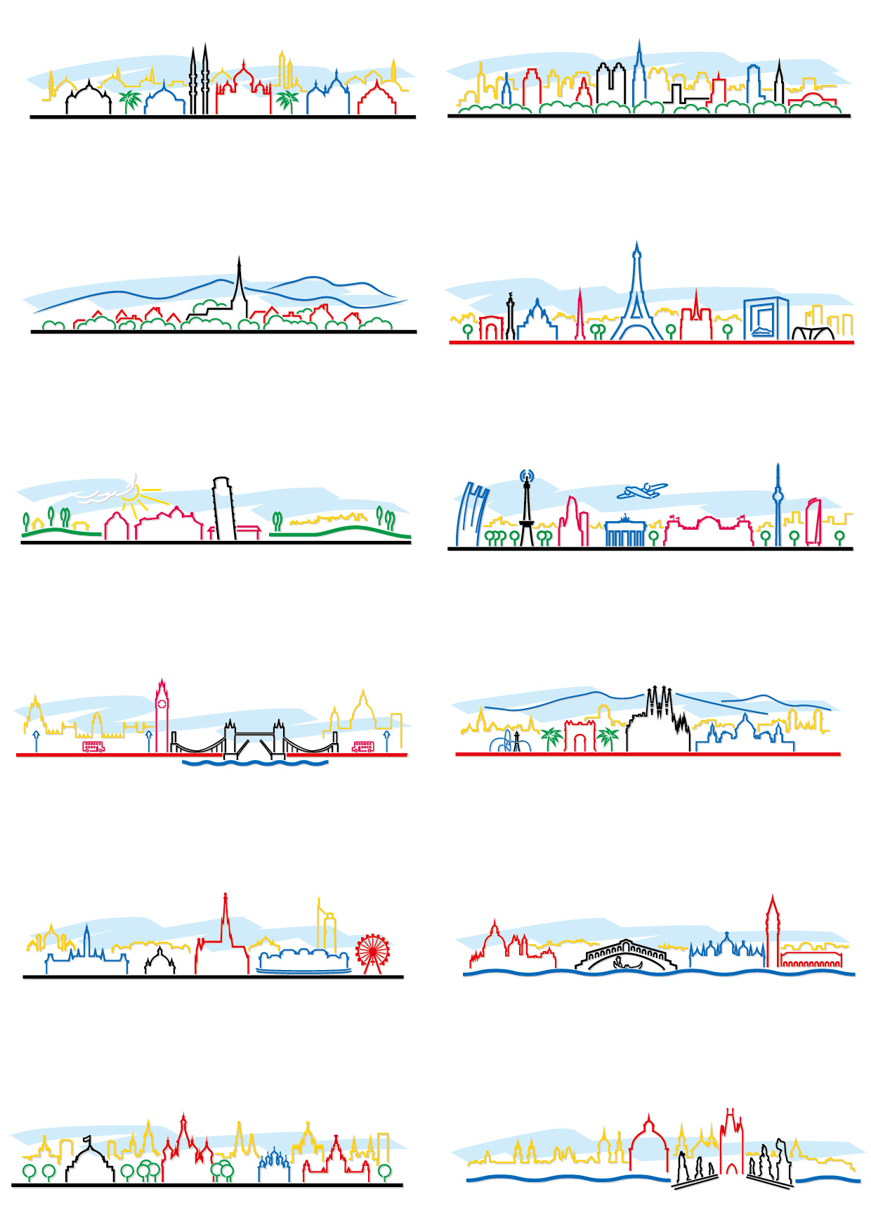 colored outline world famous buildings vector banner