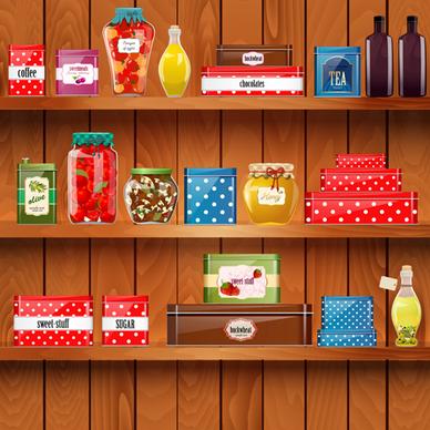 wooden shelf with food creative graphics vector