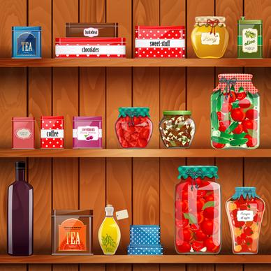 wooden shelf with food creative graphics vector