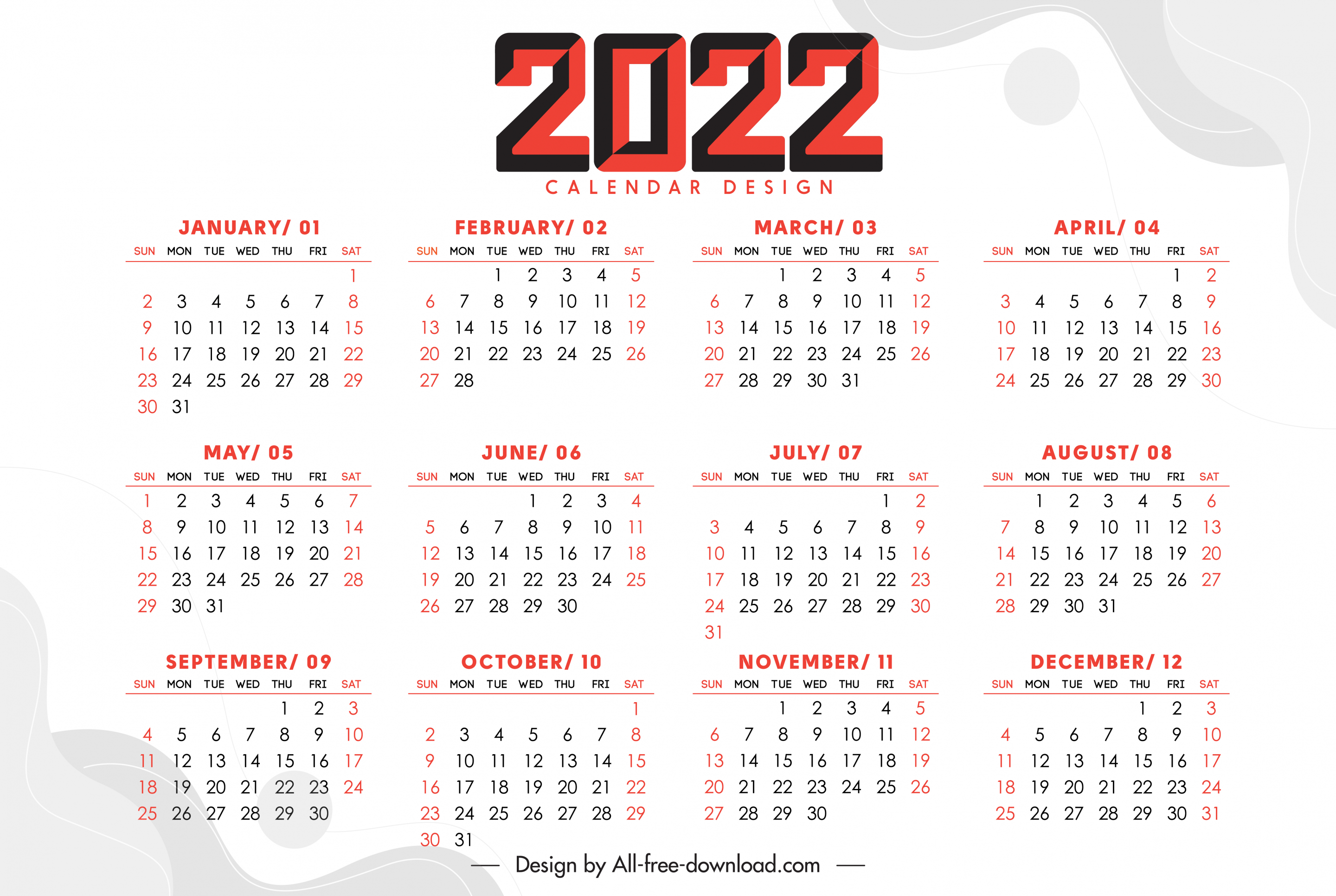 2022 calendar template bright flat plain decor