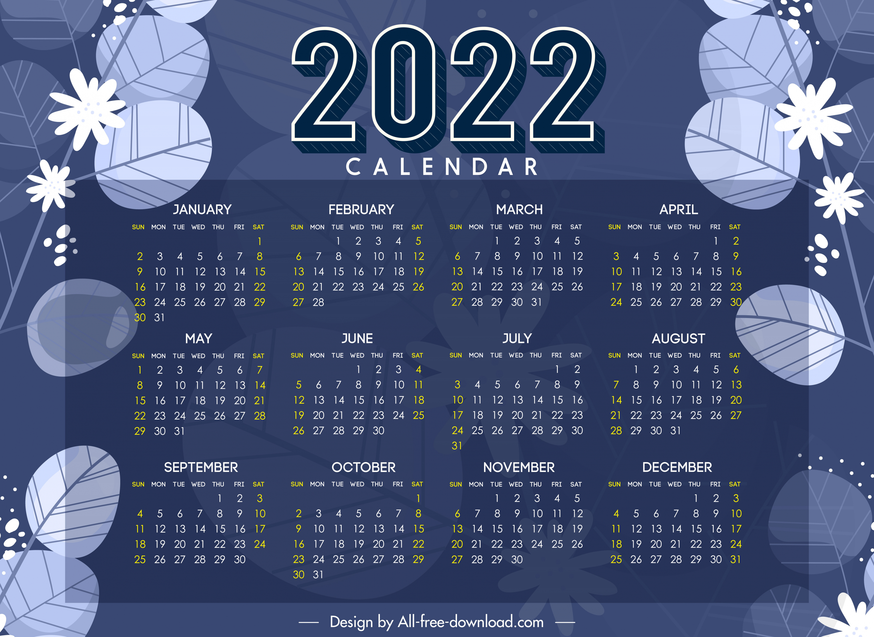 2022 calendar template dark nature elements decor