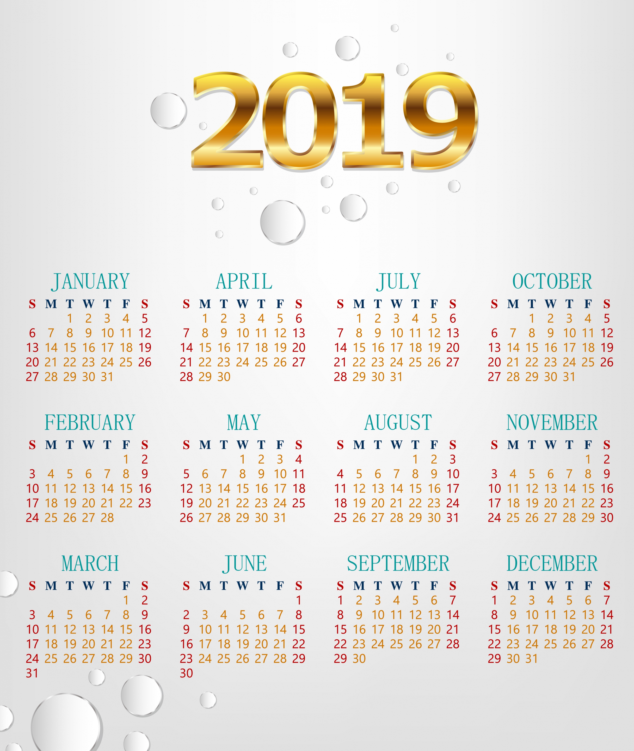 2019 calendar template bright modern golden number decor