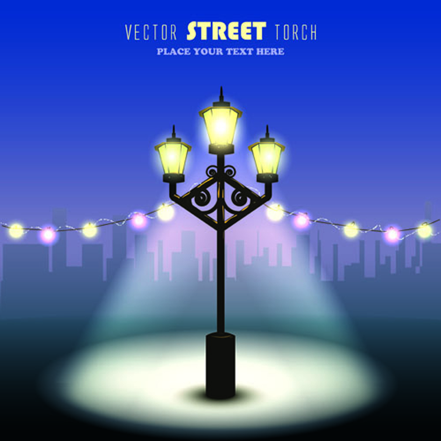 shiny street lamps background design vector set