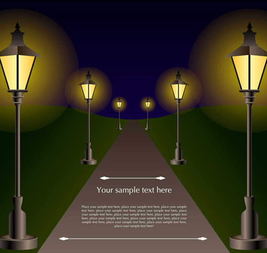 shiny street lamps background design vector set