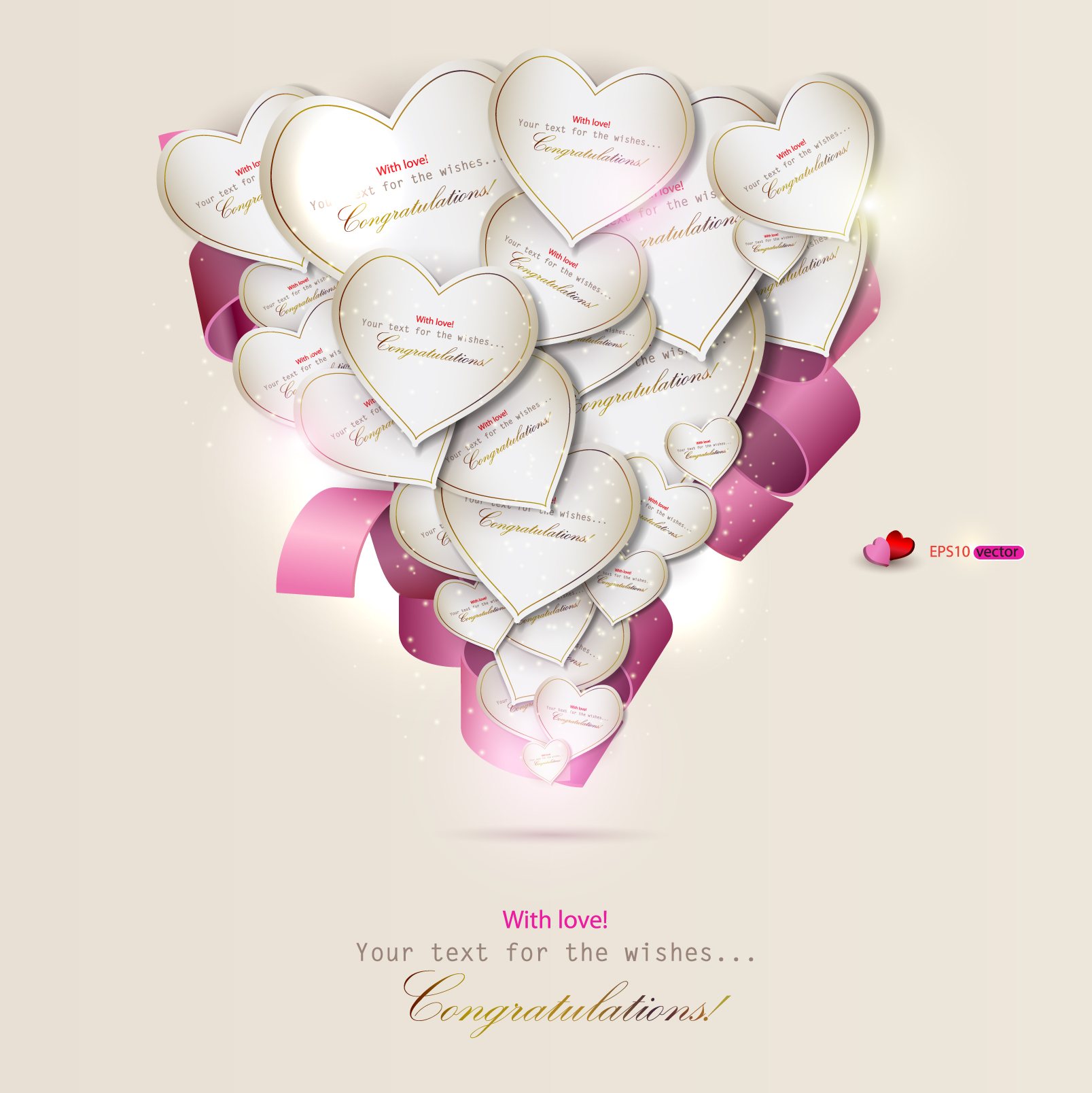 heart and ribbons valentine cards vector set