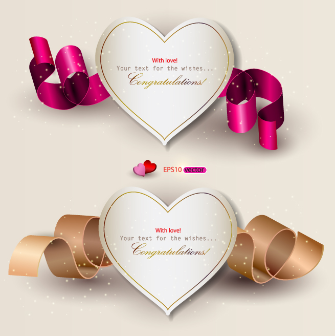 heart and ribbons valentine cards vector set