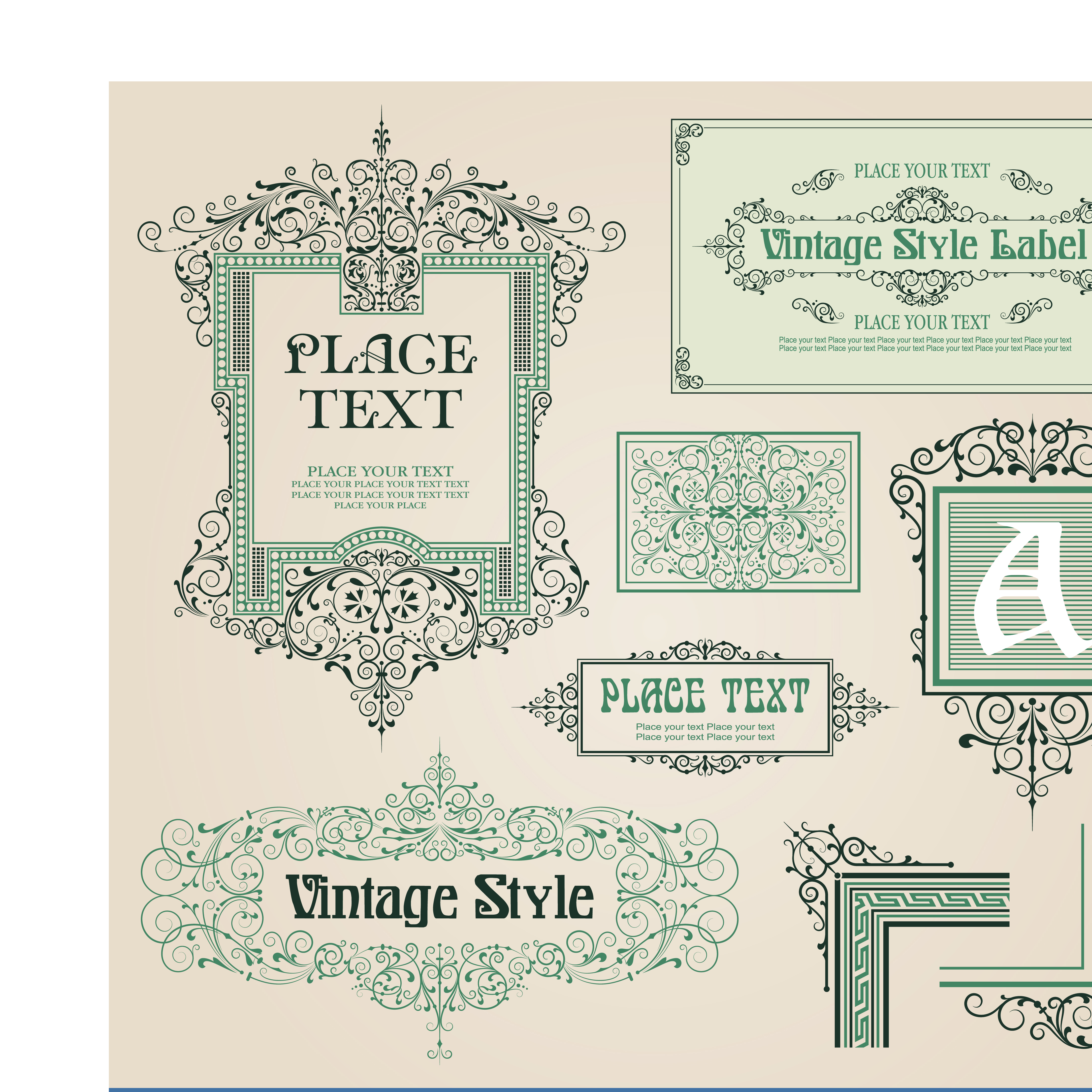 vintage style vector of frame border and ornament set