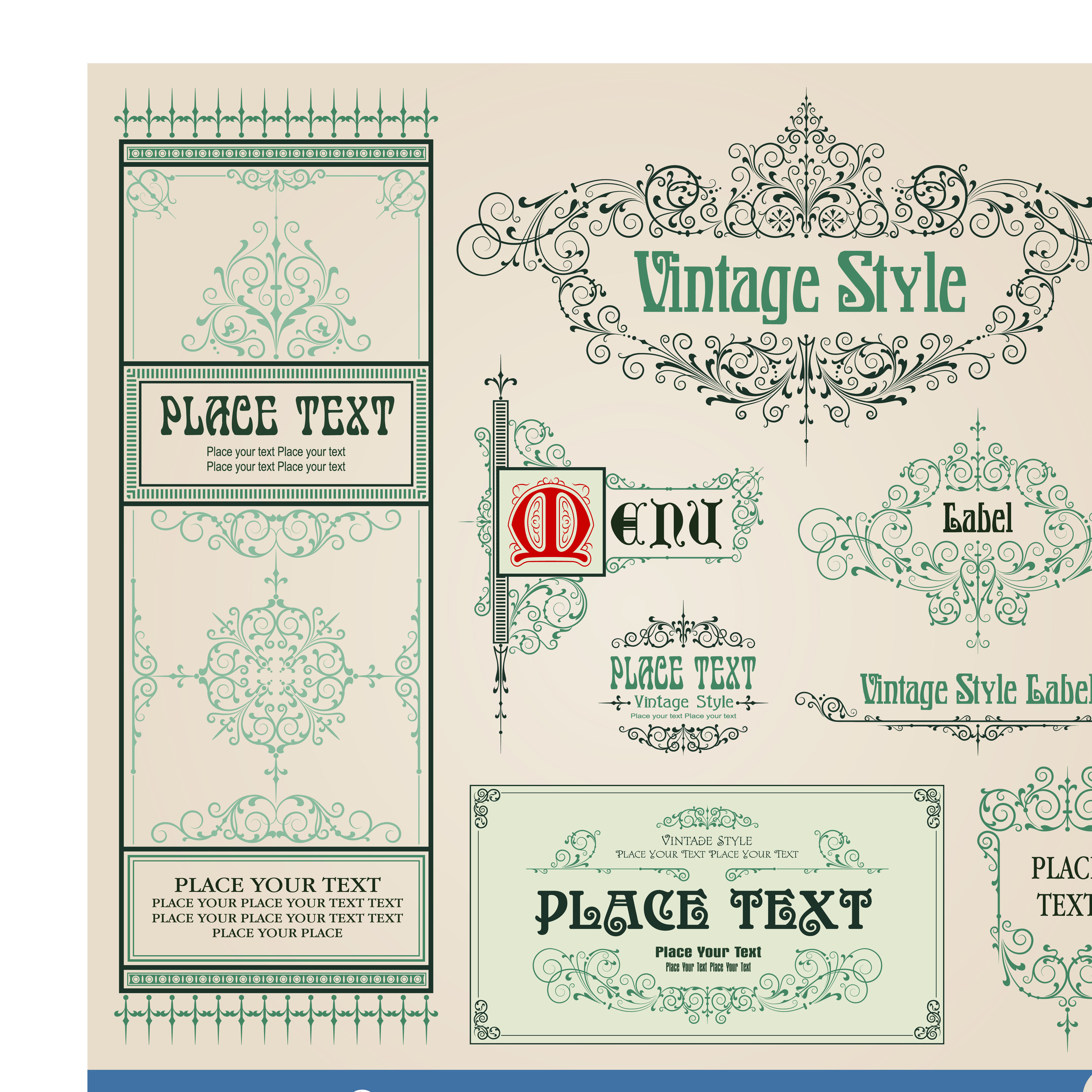 vintage style vector of frame border and ornament set