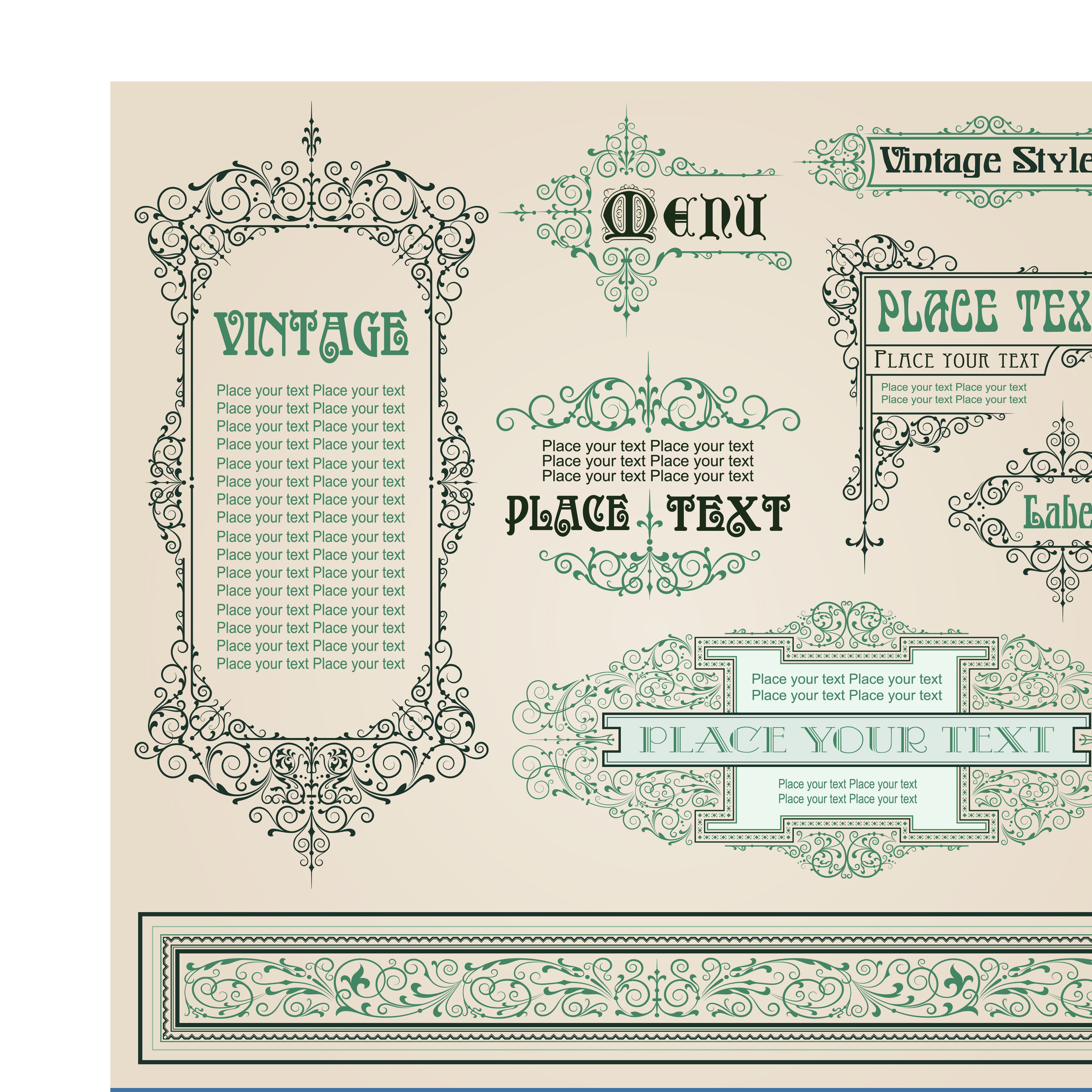 vintage style vector of frame border and ornament set