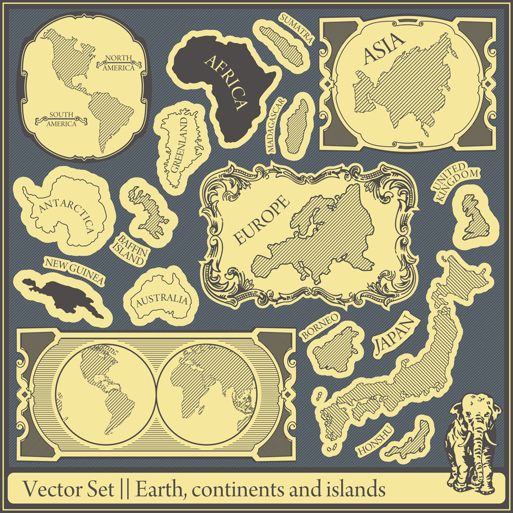 retro earthcontinents and islands labels vector