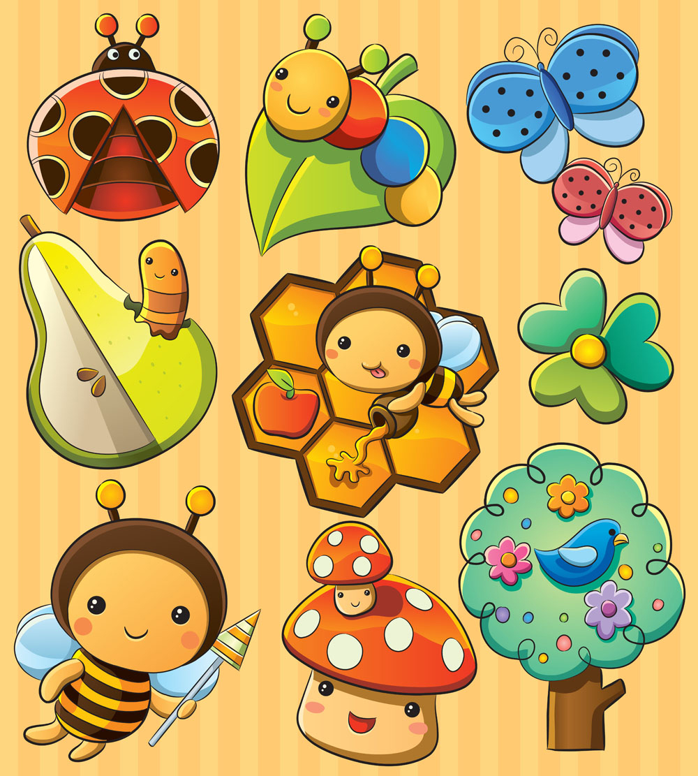 cute cartoon insects and plants vector