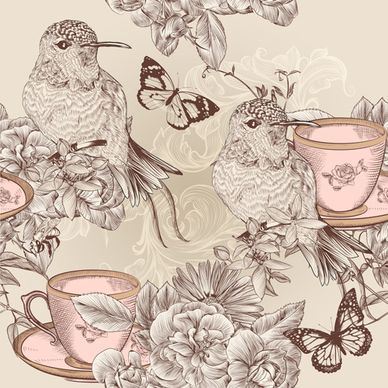 vintage flower and birds background art vector