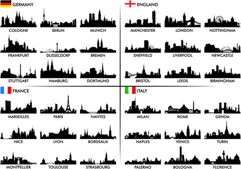 big cities silhouette set vector