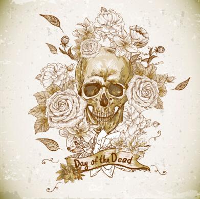 retro skull with flower vector