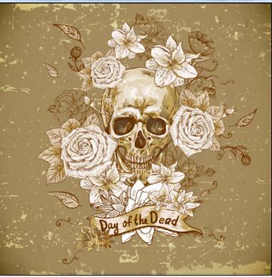 retro skull with flower vector