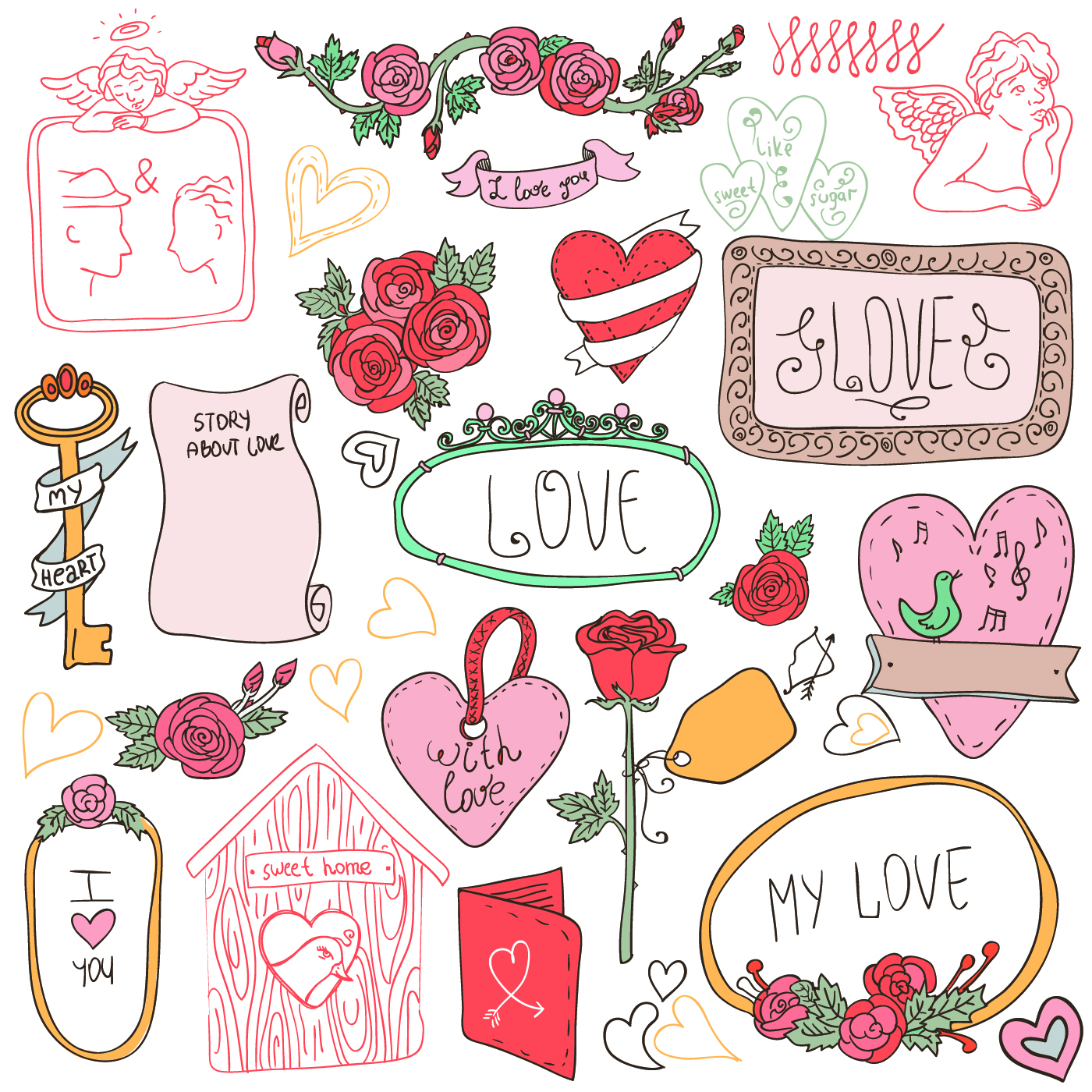 hand drawn cartoon love elements vector