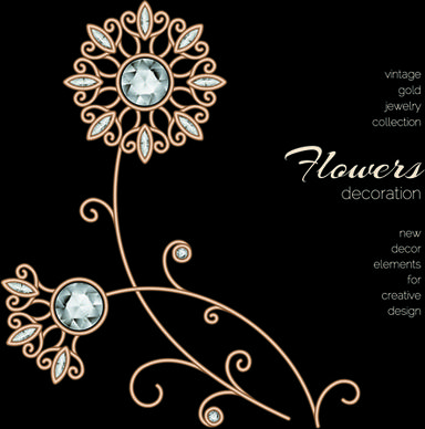 golden floral with jewels and black background vector