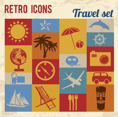 travel retro icons set vector