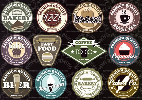 fast food and drink different colored labels vector