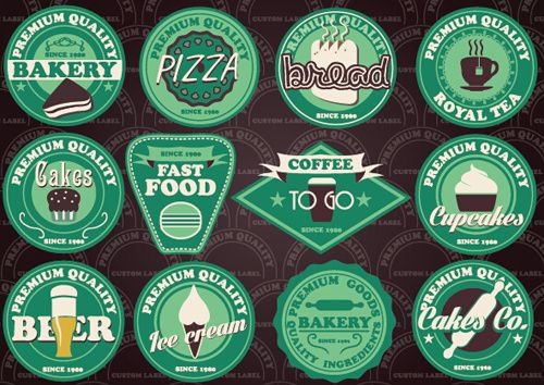 fast food and drink different colored labels vector