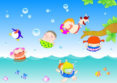 happy kids with marine vector graphics