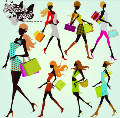 hand drawing shopping girls vector set