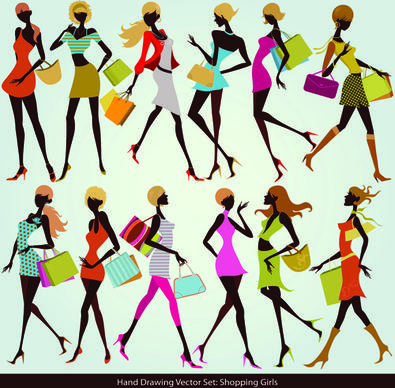 hand drawing shopping girls vector set