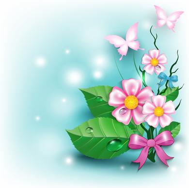 flowers and butterflies with bow background vector