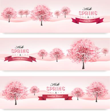 pink style spring trees banners vector graphics