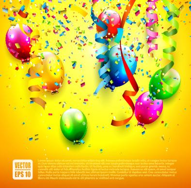 birthday colored balloons with colorful ribbon background vector