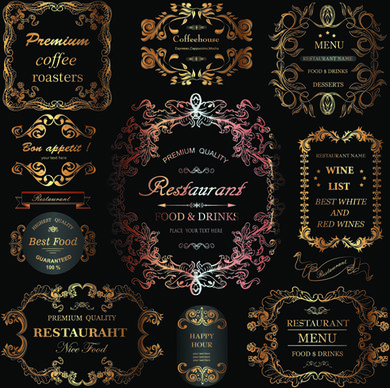 golden ornament labels with vintage frames vector