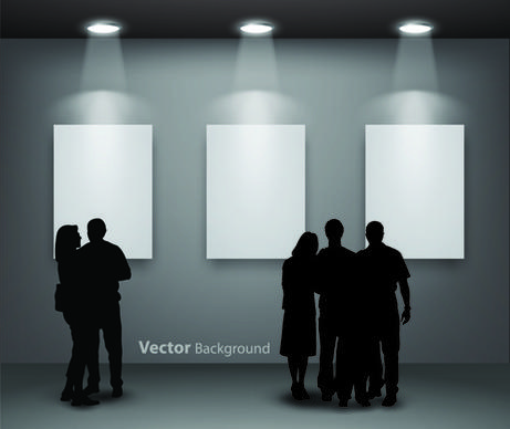 gallery background and people silhouettes vector set