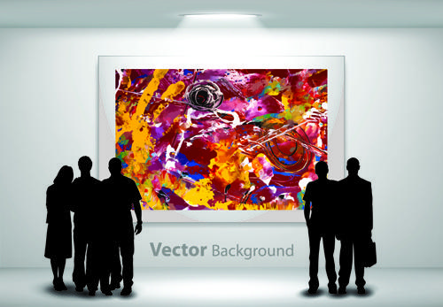 gallery background and people silhouettes vector set