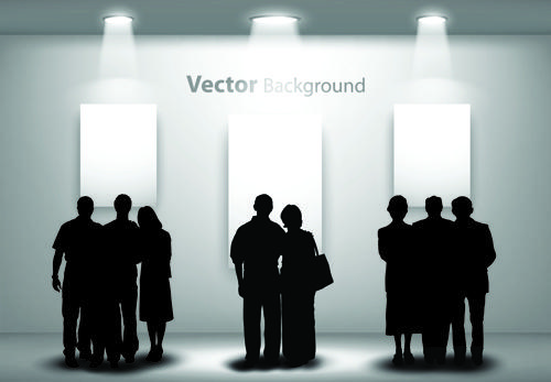 gallery background and people silhouettes vector set