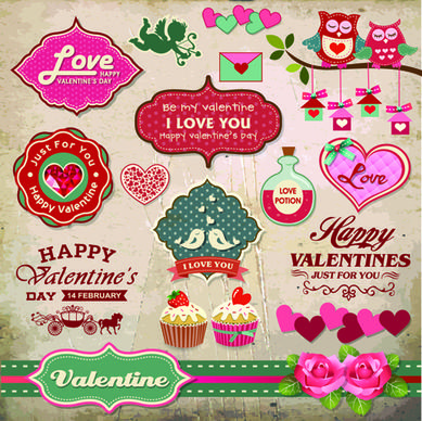 valentine day ornament and labels vector set