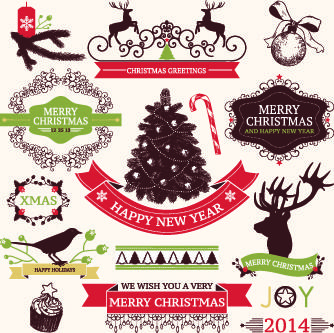 2014 christmas lables ribbon and baubles ornaments vector