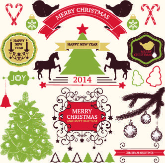 2014 christmas lables ribbon and baubles ornaments vector