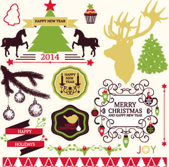 2014 christmas lables ribbon and baubles ornaments vector