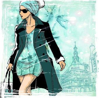 winter girl with grunge background vector