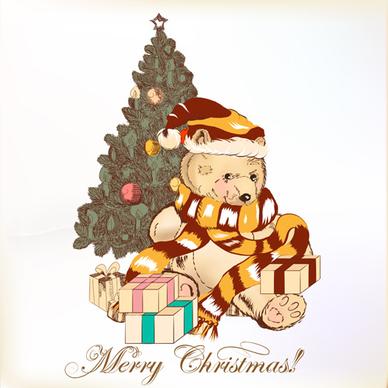 cute teddy bear and christmas tree vector