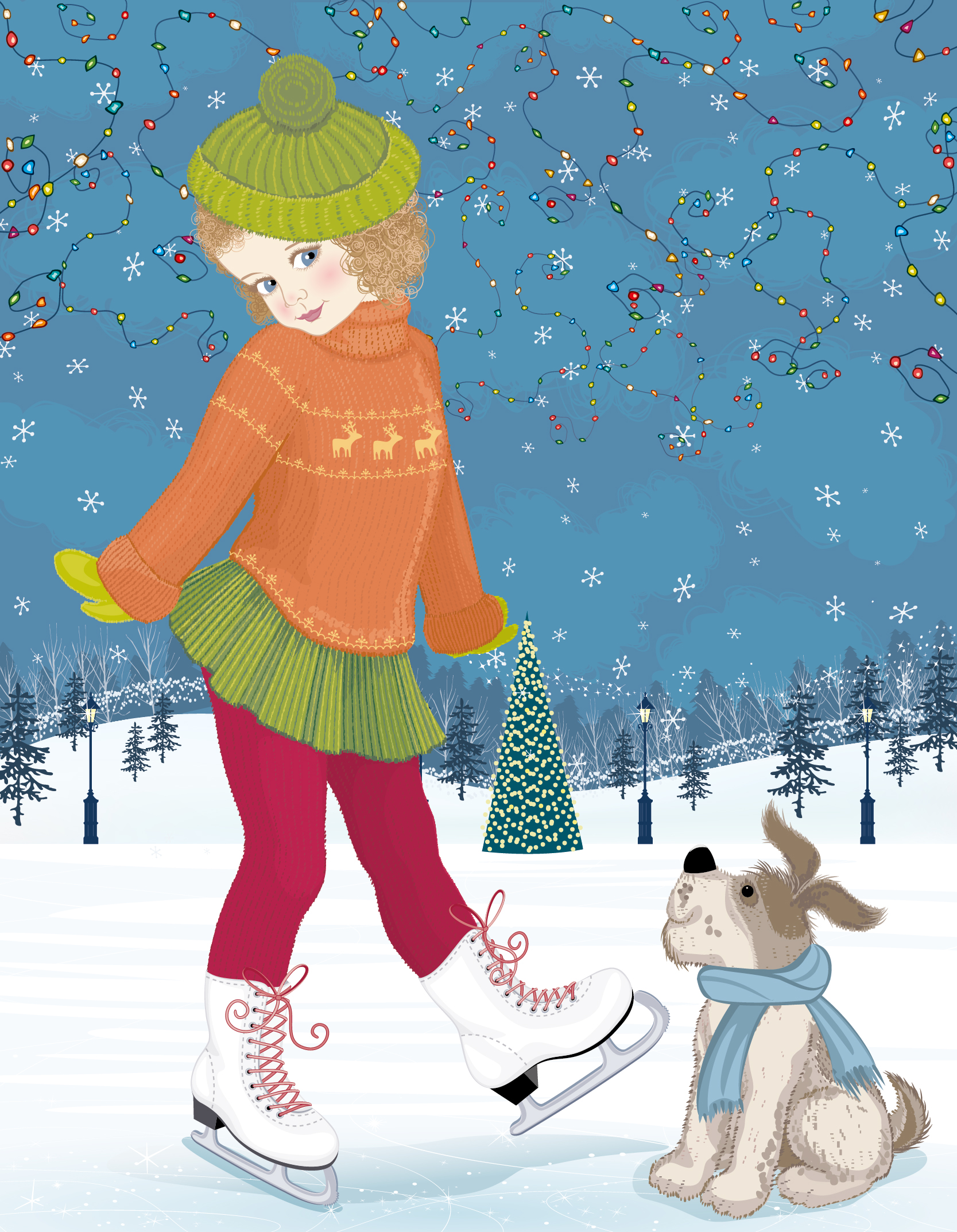 winter little girl and cute dog design vector