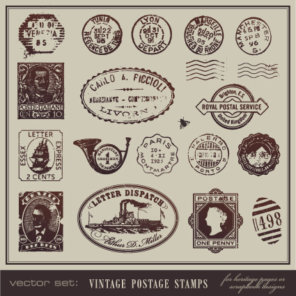 vector set of vintage postcard with stamps elements