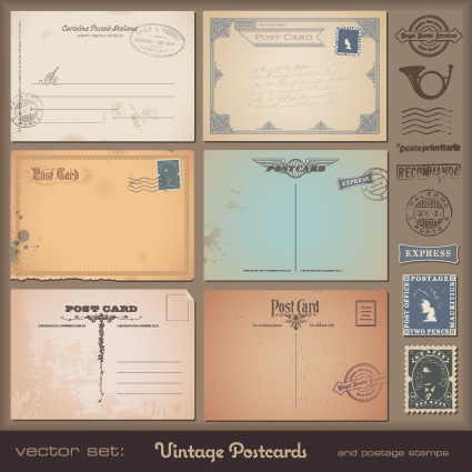 vector set of vintage postcard with stamps elements