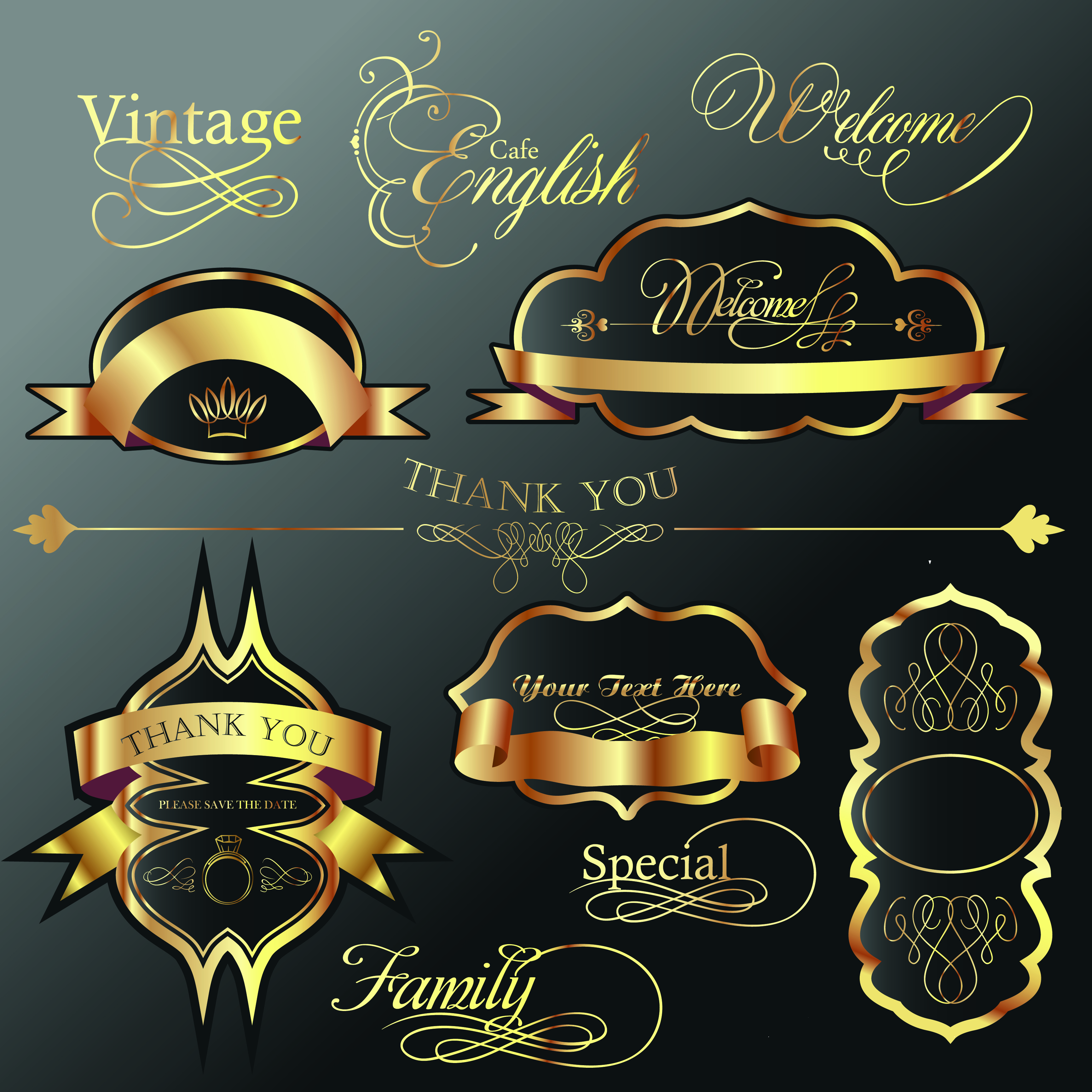 golden and black luxury labels design vector set