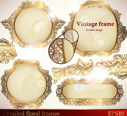 set of golden lacework frames vector