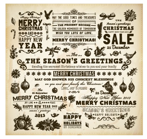 vintage hand drawn new year and christmas ornaments vector set