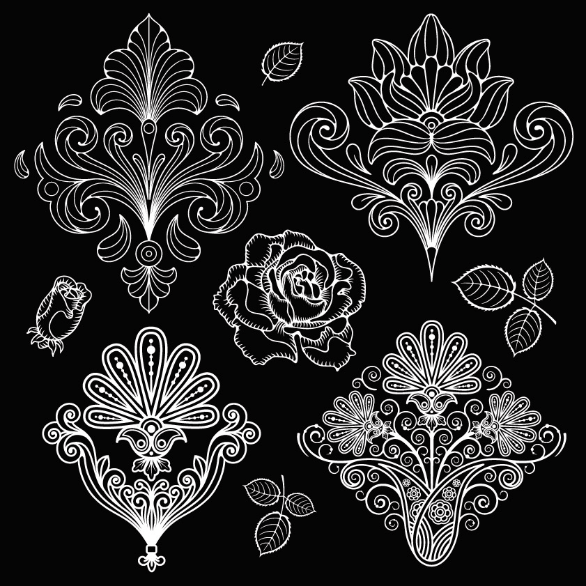 set of black and white paisley pattern vector graphics